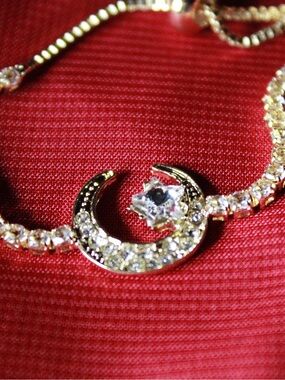Vintage Gold Crescent Moon & Star Bracelet with Clear Crystals